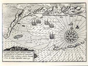 Viceamiral Wybrandt Van Warwijcksflottiljens ankomst till Mauritius sydöstra hamn i september 1598 av Dutch School