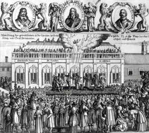 Halshuggningen av kung Karl I (1600-49) 1649 (gravyr) (bw foto) av Dutch School