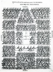 Israeliternas läger i öknen med Moses och Arons tält, i mitten den heliga härden (Atrium Sanctum), publicerad i Holland, ca 1625 (gravyr av Dutch School