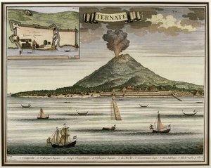 Ön Ternate, Moluckerna, Indonesien, illustration från Oud Nieuw Oost-Indien, 1724-26 av Dutch School