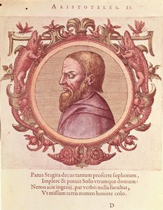 Filosofen Aristoteles (384-322 f.Kr.), illustration från forntida och nyare fysik och filosofers ikoner av Johannes Sambucus (1531-1584), publicerad av Plantin i Antwerpen 1574 (färggravyr av Dutch School