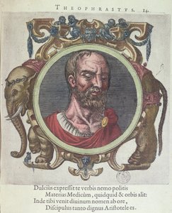 Theophrastus (c.372-287 f.Kr.), illustration från Gamla och nyare fysik och filosofer av Johannes Sambucus (1531-84), utgiven av Plantin i Leyden 1603 (färgstick) av Dutch School
