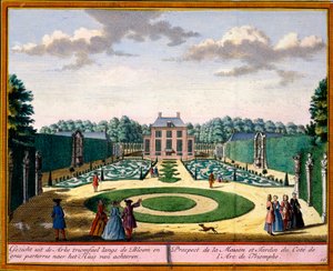 Utsikt över huset och trädgården nära triumfbågen, från Her Zeganpralent Kennemerland av Hendrik de Leth och Matthias Brouerius Van Nidek, publicerad ca 1700-30 av Dutch School