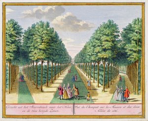 Utsikt över träet till huset och de två sidovägarna, Watervliet, från Het Zegenpralent Kennemerlant, av Hendrick de Leth och Matthias Brouerius Van Nidek, publicerad ca 1700-1730 av Dutch School