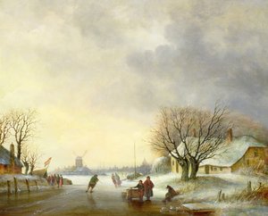 Vinterscen med en väderkvarn av Dutch School