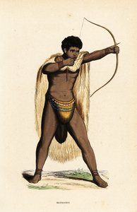 Khoikhoi man i djurhudskappa, pärlband, med pil och båge av Duverger Duverger