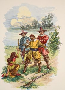 Han greps av baksidan av kragen, illustration från "Pocahontas: A Princess of the Woods" av Edward S. Ellis, pub. McLoughlin Brothers, New York, ca 1912 av E.B. Comstock