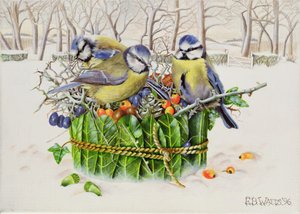 Blue Tits in Leaf Nest, 1996 (akryl på duk) av E.B. Watts