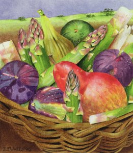 Rött päron med fikon och sparris, 1996 (akryl på papper) av E.B. Watts