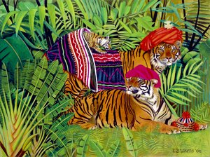 Tigerfamilj med thailändska kläder, 2004 (akryl på duk) av E.B. Watts