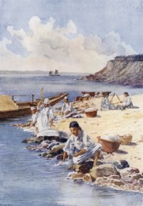Koreanska kvinnor som tvättar kläder i en flod (färg litho) av E.H. Fitchew