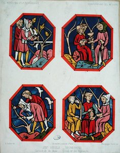 Vinodlarnas fönster, graverat av bröderna Thurwanger, från ett glasmålningsfönster i katedralen i Le Mans (färglitografi) av E. (after) Hucher