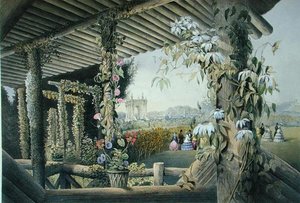 Utsikt från den rustika sätet, Shrublands, från "Gardens of England", publicerad 1857 (färg litho) av E. Adveno Brooke