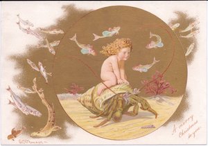 Ett viktorianskt julkort av en eremitkrabba i ett skal som rids av en vattenkropp omgiven av ett fiskstim, av Gertrude Thompson, c.1895 (färg litho)