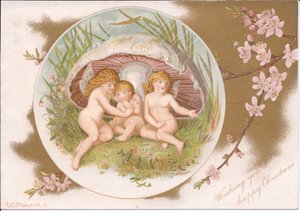 En viktoriansk jul för en grupp älvor som tar skydd från regnet under en padda, av Gertrude Thompson, ca 1895 (färg litho)