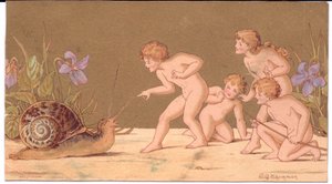 Ett viktorianskt gratulationskort med fyra nakna älvor som retar en snigel mot en guldbakgrund, av Gertude Thompson, c.1895 (färg litho)