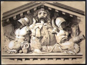 A Sculptural Pediment in the Louvren (kol med vit krita på papper) av E. Laquerbe