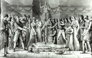 Jean Paul Marats begravning (1743-93) i kapellet i Club des Cordeliers, 16 juli 1793, ca 1793 (penna och bläck på papper) (bw foto) av E. Le Sueur