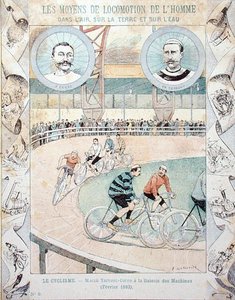 Charles Terront (1857-1932) och Jules Corre på Galerie des Machines i februari 1893, från en skolbok (lito i färg) av E. Letellier