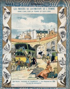 Diligence en 1840 - la cour des messageries - Diligencen 1840 - Från en skyddshylsa för skolböcker, sent 1800-tal - illustration av E. Letellier - Protege anteckningsbok historique, fin 1800-talet - av E. Letellier