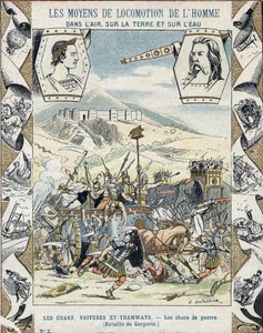 Galliska krigsvagnar vid slaget vid Gergovia - Från en skyddshylsa för skolböcker, sent 1800-tal - Tanks de guerre a faux - Vercingetorix a la battle de Gergovia (52 f.Kr.) under gallernas krig - illustration av E Letellier - Protege anteckningsbok