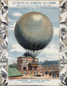 Drift av uppblåsning och utrustning av Henry Giffards ballong i fångenskap till Tuilerierna i Paris 1878 - Från en skyddshylsa för skolböcker, sent 1800-tal - illustration av E Letellier - utställning universelle de 1878 i Paris: inflation av