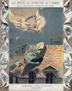 Marie Blanchards, hustru till aeronaut Jean Pierre Blanchard, död när hennes ballong fattade eld under en demonstration över Paris, 6 juni 1819 - Från en skyddshylsa för skolböcker, sent 1800-tal - Mort de Madame Blanchard - den 16 juli 1819, i