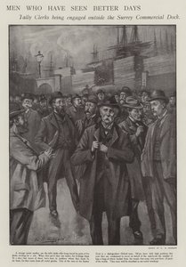 Män som har sett bättre dagar: räkningstjänstemän som förlovas utanför Surrey Commercial Dock, London (litho) av E. S. (after) Hodgson