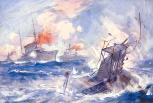 The Sinking of the German Submarine U15 av HMS Birmingham (färg litho) av E. S. (after) Hodgson