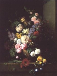 Stilleben av blommor och vindruvor, 1843