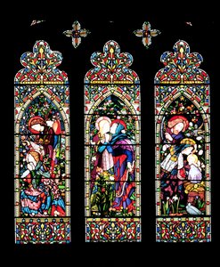 Budförklaringen, besöket och födelsen, utförd av Lavers och Barraud, 1860 (glasmålningar) (se även 11886) av E. and Halliday, M. F. Burne Jones