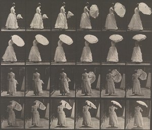 [Kvinna som öppnar parasoll], 1883-86, tryckt 1887. av Eadweard Muybridge