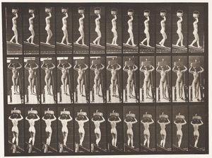 Tavla 124. Descending Incline, 20-lbs korg på huvudet, händerna höjda, 1872-1885 av Eadweard Muybridge