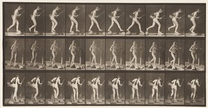 Tavla 177. Korsande bäck på trappstenar med fiskestång och korg av Eadweard Muybridge
