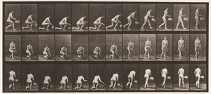 Skylt 251. Knästående på vänster knä, korg i vänster hand och resande, 1872-1885 av Eadweard Muybridge