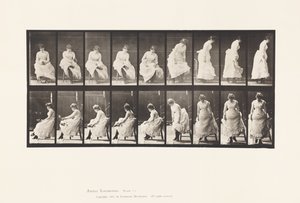 Tallrik 422.Toalett; Tar på sig skor och reser sig från stolen, 1885 av Eadweard Muybridge