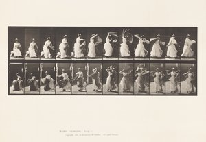 Tallrik 424.Toalett; Reser sig från stolen och sätter på sig sjal, 1885 av Eadweard Muybridge