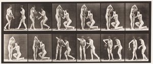 Tallrik 452. Två modeller, 8 knä, drycker från vattenburk i händerna, 1872-1885 av Eadweard Muybridge