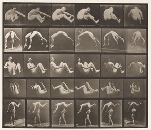 Plåt 522. A, 97 Hoppning; B, 98 Handfjäder; C, 98 kullerbytta av Eadweard Muybridge