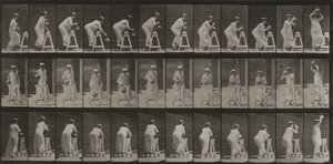 Plansch nummer 216. Böjer sig för att fylla en vattenkruka och placerar den på huvudet av Eadweard Muybridge