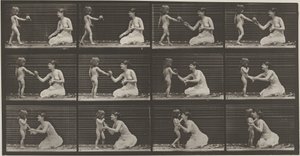 Nummerplåt 465. Ett barn ger en bukett till en kvinna,1887 (foto) av Eadweard Muybridge
