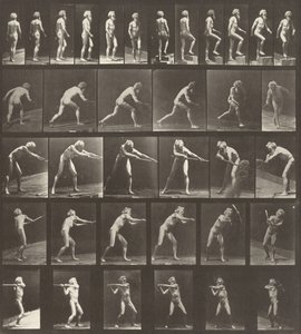 Skylt nummer 521. A: Gående. B: Går upp ett steg. C: Kasta disken. D: Använda en spade. E, F: Använda en pick av Eadweard Muybridge
