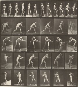 Skylt nummer 521. A: Gående. B: Stigande steg. C. Kastskiva. D: Använd spade. E, F. Använda pick av Eadweard Muybridge