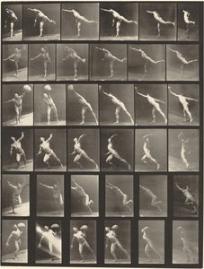 Plåt nummer 523. A: Slå ett slag. B, E: Kastskiva. C, F: Lyfter en 75-lb. sten. D: Kasta en boll av Eadweard Muybridge