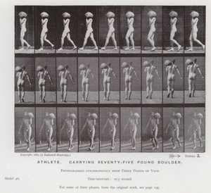 Den mänskliga figuren i rörelse: Idrottsman, bärande 75 pund stenblock (s/v foto) av Eadweard Muybridge