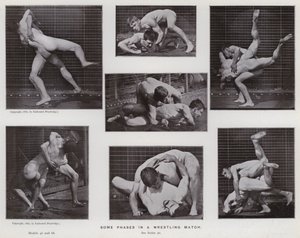 Den mänskliga figuren i rörelse: Några faser i en brottningsmatch (s/v foto) av Eadweard Muybridge