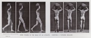 Den mänskliga figuren i rörelse: Några faser i en idrottsmans promenad som bär på ett stenblock på 75 pund (s/v foto) av Eadweard Muybridge