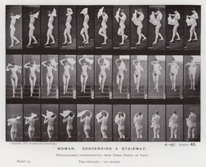 Den mänskliga figuren i rörelse: kvinna som går ner för en trappa (s/v foto) av Eadweard Muybridge