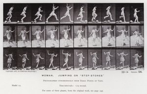 Den mänskliga figuren i rörelse: Kvinna som hoppar på "stegstenar" (s/v foto) av Eadweard Muybridge