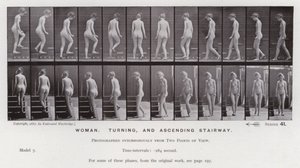 Den mänskliga figuren i rörelse: kvinna, svängande och uppåtgående trappa (s/v foto) av Eadweard Muybridge